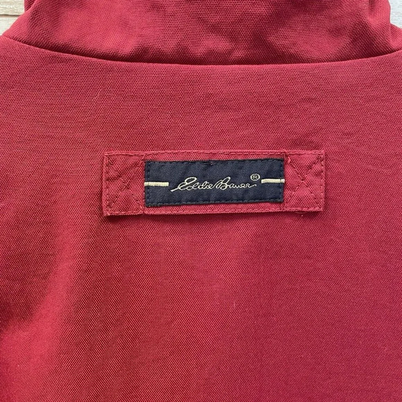 Eddie Bauer Mens S Jacket Red Canvas Coat Navy Lined Full Zipper & Snap Closure - Picture 10 of 12